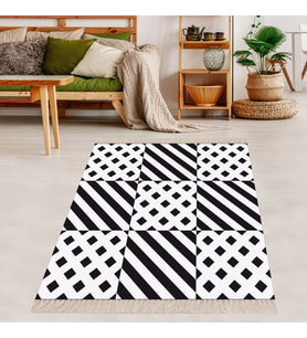Geometrik Şerit Karo Desenli Dijital Baskı Yıkanabilir Kaymaz Taban Modern Salon Halısı ve Yolluk (Beyaz)