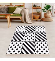 Geometrik Şerit Karo Desenli Dijital Baskı Yıkanabilir Kaymaz Taban Modern Salon Halısı ve Yolluk (Beyaz)