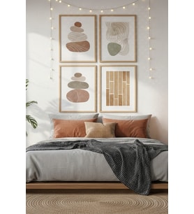 Zen Denge Taşları 4’lü Ahşap Çerçeveli Tablo Seti - Minimalist Yatak Odası Dekoru