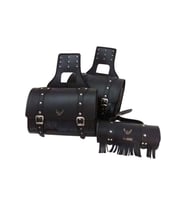 Motosiklet Deri Yan Ve Sosis Çanta 3'lü Set Takım Chopper Siyah Model Motor Çantası