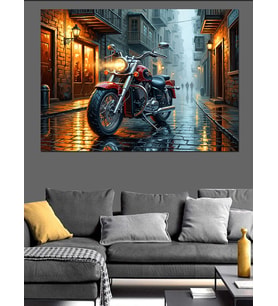 Yağmurlu Sokakta Modern Motosiklet Dekoratif Kanvas - Mdf Ahşap Tablo