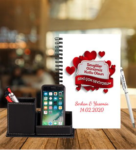 Sevgililer Gününe Özel Ahşap Defter Kalem & Deri Kaplama Kalemlik Hediye Seti 4