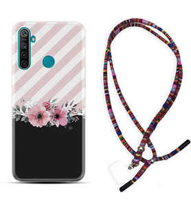 Realme 5i 5 Pro 6i 7 Pro 8 Kılıf Boyun Asklı Rasta Silikon Strip Pink Flowers 1396