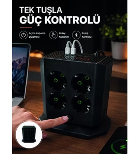 Akım Korumalı 8'li Dikey Priz 4 USB 2 Type-C Hızlı Şarj Destekli Çoklu Priz