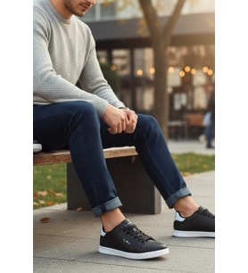 Enoch Erkek Spor ve Günlük Ayakkabı Tam Ortopedik Tabanlı Siyah Beyaz Detaylı Klasik Sneaker
