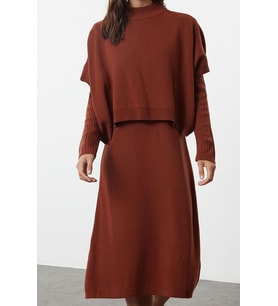 Moda Stil Oversize Dik Yaka Midi Boy Triko Süper Geniş Kalıp Süveterli Elbise