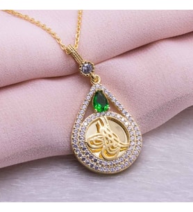 925 Ayar Gümüş Altın Kaplama Tuğralı Damla Kolye Model 6