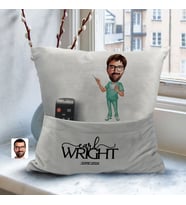 BK Gift Kişiye Özel Doktor Karikatür Tasarımlı Organizer Kumanda ve Atıştırmalık Cepli Gri Kırlent Yastık-5 Arkadaşa Hediye, Cepli Yastık