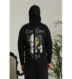 Erkek 3 İplik Pamuklu Kapüşonlu Baskılı Cepli Oversize Sweatshirt Hoodie - Siyah