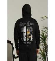 Erkek 3 İplik Pamuklu Kapüşonlu Baskılı Cepli Oversize Sweatshirt Hoodie - Siyah