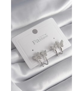 Pirinç Gümüş Renk Zirkon Taşlı Kelebek Model Kadın Küpe - TJ-BKP8423