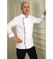 Beyaz Siyah Biyeli Alpaka Kumaş Erkek Aşçı Ceketi