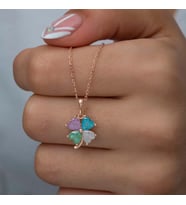 Gümüş Rose Renkli Taşlı Kalp Yonca Kadın Kolye