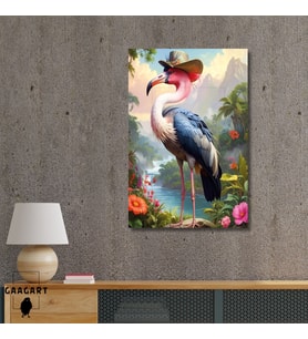 Tekli Dikey Kanvas Tablo Yüksek Kaliteli Renkli Şapkalı Flamingo