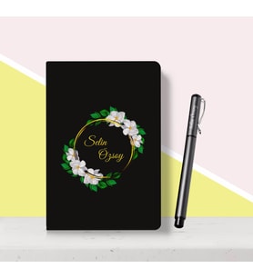 BK Gift Kişiye Özel Çiçek Desenli Siyah Defter Kalem Seti-2