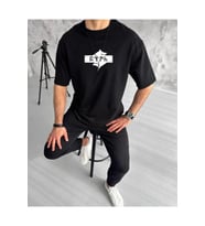 Unisex Bisiklet Yaka Baskılı Double Oversize T-Shirt - Siyah