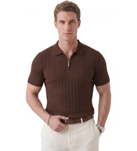 DeepSEA Erkek Kahve Polo Yaka Fermuarlı Çizgi Dokulu Regular Fit Likralı Triko Tişört 2608008
