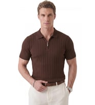 DeepSEA Erkek Kahve Polo Yaka Fermuarlı Çizgi Dokulu Regular Fit Likralı Triko Tişört 2608008