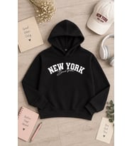 Gül Kurusu Kız Çocuk New York Baskılı 3 İplik Kapüşonlu Sweatshirt 24993