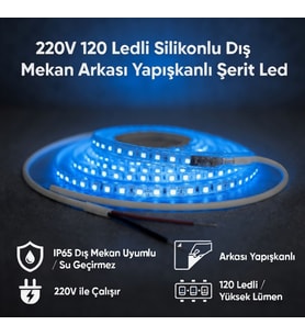 220V 120 LED Dış Mekan Şerit LED Mavi Işık Arkası Yapışkanlı Suya Dayanıklı Dekoratif Aydınlatma