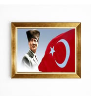 Tablore Altın Çerçeveli Kalpaklı Atatürk ve Türk Bayrağı Tablo Ofis Duvar Dekoru