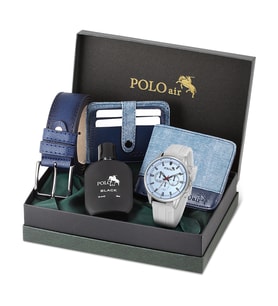 Polo Air Spor Erkek Kol Saati Cüzdan Kemer Kartlık Parfüm Kombin Beyaz Mavi Renk PL-0986E4 (Beyaz-Mavi)