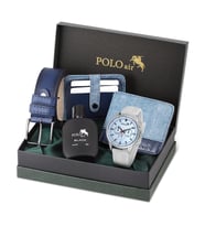 Polo Air Spor Erkek Kol Saati Cüzdan Kemer Kartlık Parfüm Kombin Beyaz Mavi Renk PL-0986E4 (Beyaz-Mavi)