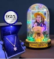 Size Özel Renkli Led Işıklı Fanus ve Işıklı Kutuda 925 Ayar Gümüş Lotus Kolye (Model 9)