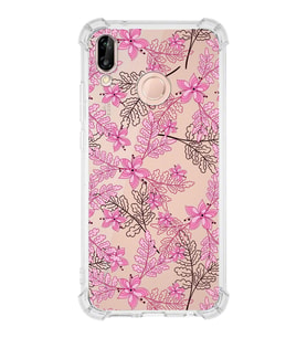 PrintiFy Huawei P20 Lite Uyumlu Köşe Korumalı Floral Pembe Tasarımlı Şeffaf Silikon Kılıf