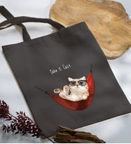 BK Gift Kedi Tasarımlı Antrasit Kumaş Bez Çanta, Baskılı Omuz Çantası, Alışveriş Çantası, Anneye Hediye-2