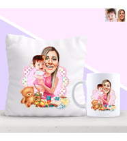 BK Gift Kişiye Özel Anne ve Kız Bebek Karikatürlü Yastık ve Kupa Seti-1 (Model 1)