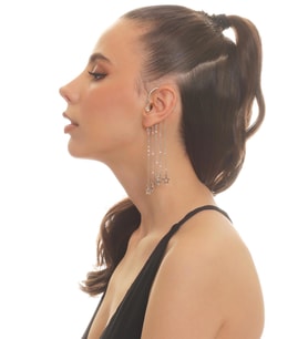 Kadın Gümüş Renk Lak Kaplama Tek Taş Detaylı Sallantılı Yıldız Charm Earcuff&Kıkırdak Küpe