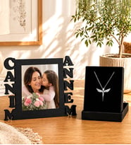 Annelere Özel Özel Canım Annem Tasarımlı Fotoğraflı Ahşap Çerçeve Ve Gümüş Melek Kolye