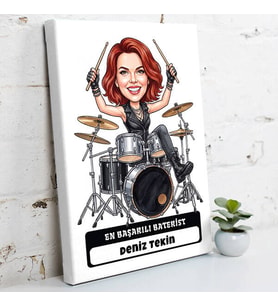 Bateriste Hediye Kadın Karikatürlü Kanvas Tablo