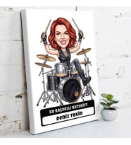 Bateriste Hediye Kadın Karikatürlü Kanvas Tablo