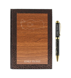 İsme Özel Lux Ahşap Defter ve Roller Kalem Seti - Türkiye Haritası Temalı
