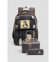Relaxion 1395 Kore Tarzı Unisex Çocuk Üçlü Set İlkokul Sırt Çantası (Füme)