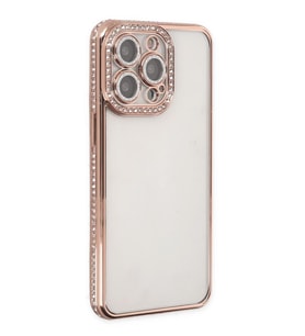 Uyumlu Model Apple iPhone 12 Pro Kılıf Koruma Lensli Taşlı Dizayn Şeffaf Kapak (Rose)