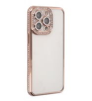 Uyumlu Model Apple iPhone 12 Pro Kılıf Koruma Lensli Taşlı Dizayn Şeffaf Kapak (Rose)