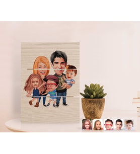 BK Gift Kişiye Özel Tesettürlü Aile Karikatürlü Otantik Masaüstü Ahşap Palet Çerçeve-6 (Beyaz)