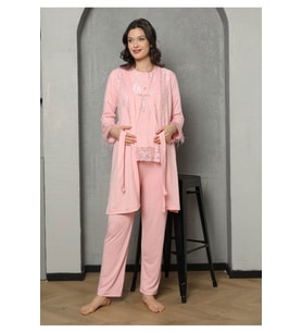 Üçlü Lohusa & Hamile Gecelik Sabahlık Takım 1035 (Pembe)