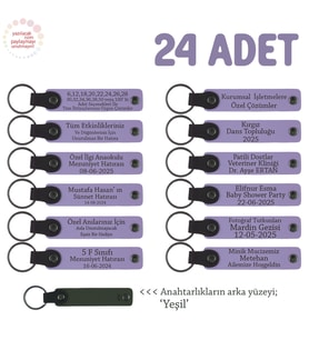 Kırk Uçurma Kutlaması İçin Bebeğin İsmine Özel, 24'lü, Hatıra Anahtarlık Set, Mor Menekşe & Yeşil (Lila - Mor)