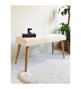 Ahşap Ayaklı Handmade Geniş Oturum Alanlı Krem welsoft Kumaş Pofidik Puf bench ,ayak ucu uzatmalık