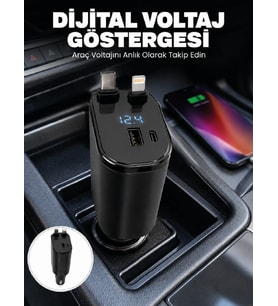 4 Cihazı Aynı Anda Şarj Eden Araç Şarj Cihazı USB-A, USB-C, Type-C ve Lightning Destekli