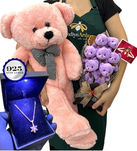 Fotoğraflı VIP Set - 925 Ayar Işıklı Kutuda Gümüş Kolye & Pembe Ayıcık & 7'li Ayıcık Buket (Model 2)