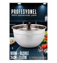 Inox Ölçekli Derin Kase  - 24 Cm 2 Litre Karıştırma Kabı Profesyonel 304 Paslanmaz Çelik