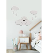 Ahşap Bulutlu Çocuk Odası Duvar Saati - (Ahşap Sticker Bulut Ve Yağmur Damlası Hediyeli) (Beyaz)