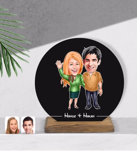 BK Gift Kişiye Özel Sevgililer Karikatürlü Yuvarlak Ahşap Biblo-110