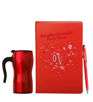 Sevgililer Gününe Özel Deri Kırmızı Defter Kalem & Termos Mug Hediye Seti 11