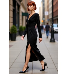 Kadın Şık Kruvaze Yaka Uzun Kollu Anvelop Bodycon Drape Detaylı Örme Maxi Abiye Elbise Kaliteli